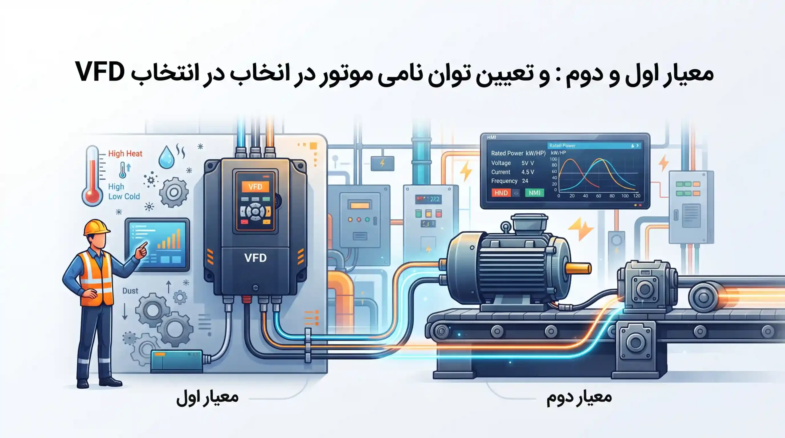 📊 معیار اول و دوم: بررسی شرایط محیطی و تعیین توان نامی موتور در انتخاب VFD