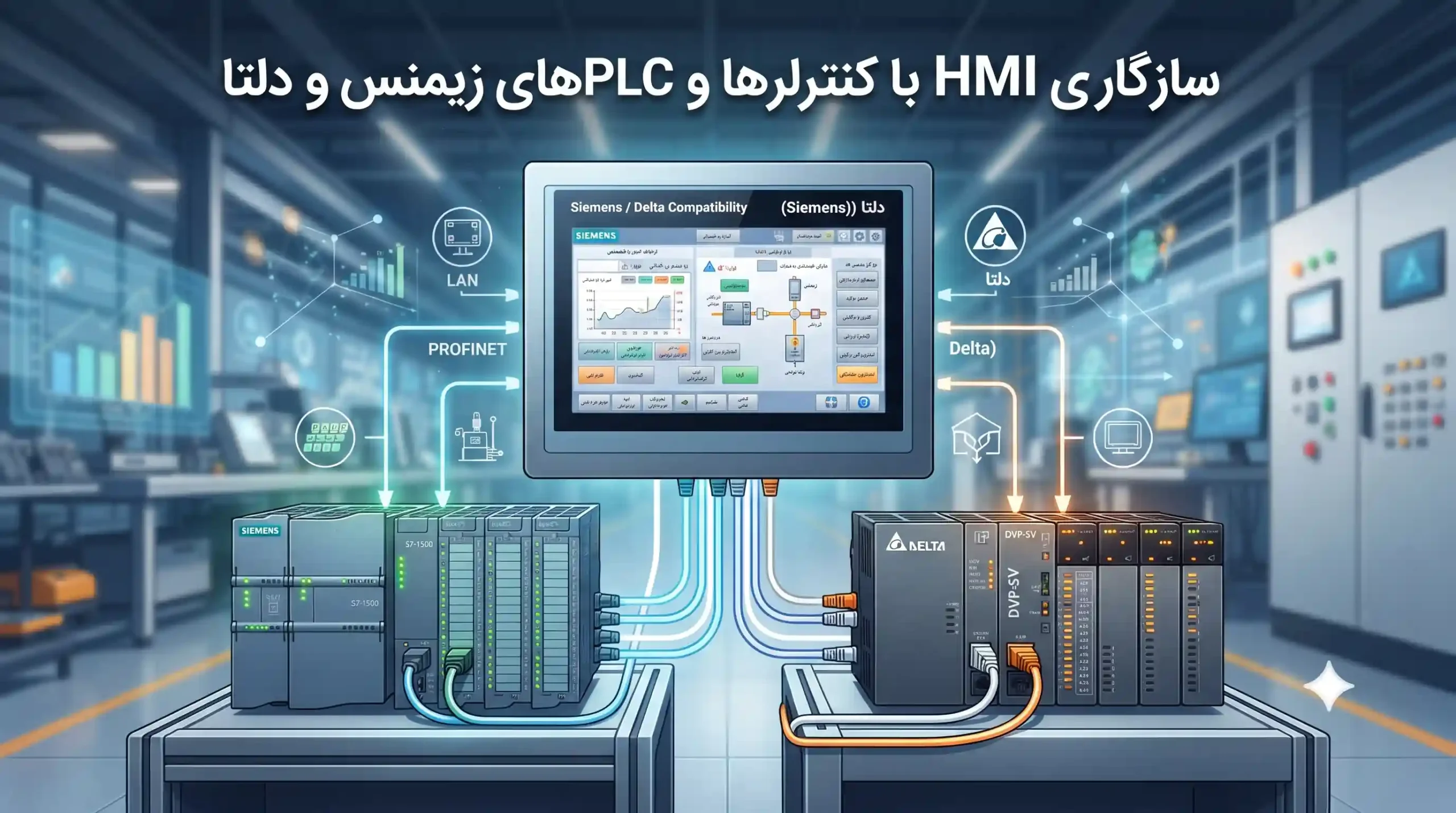 ⚙️ سازگاری HMI با کنترلرها و PLCهای زیمنس و دلتا