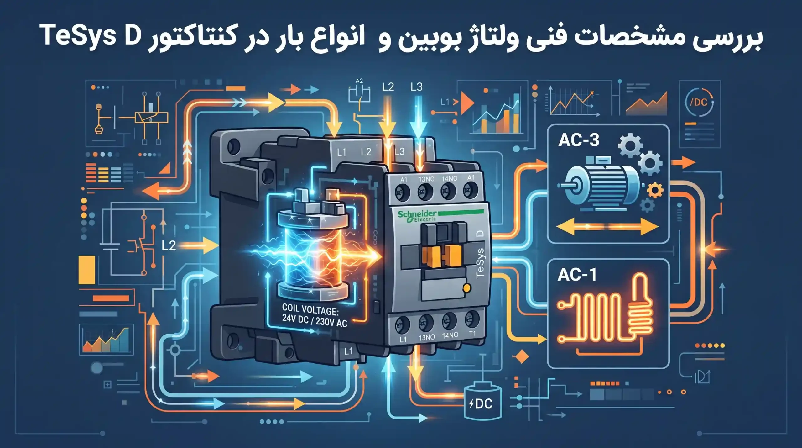 🔍 بررسی مشخصات فنی ولتاژ بوبین و انواع بار در کنتاکتور TeSys D
