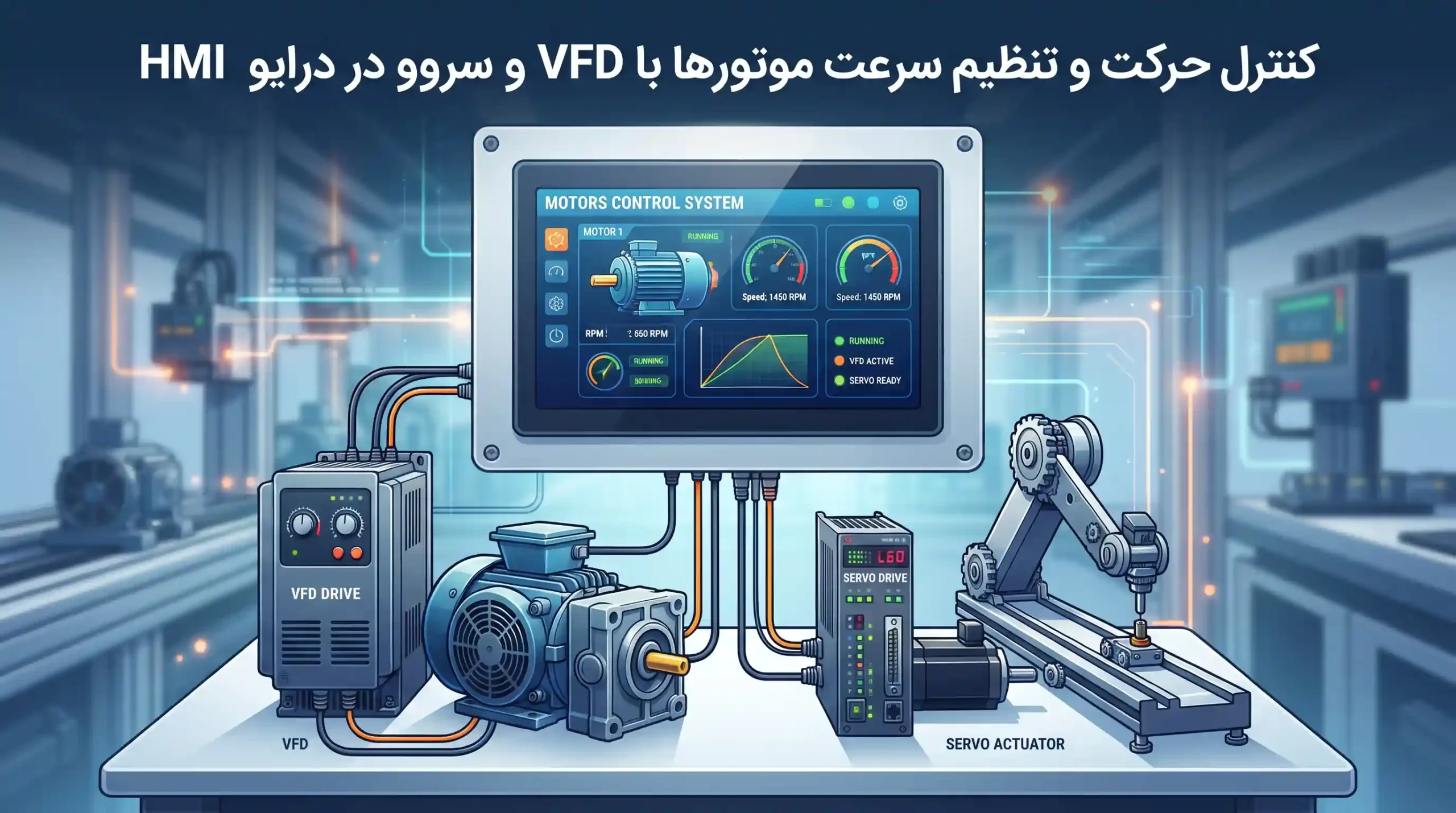 🔄 کنترل حرکت و تنظیم سرعت موتورها با VFD و سروو در درایو HMI