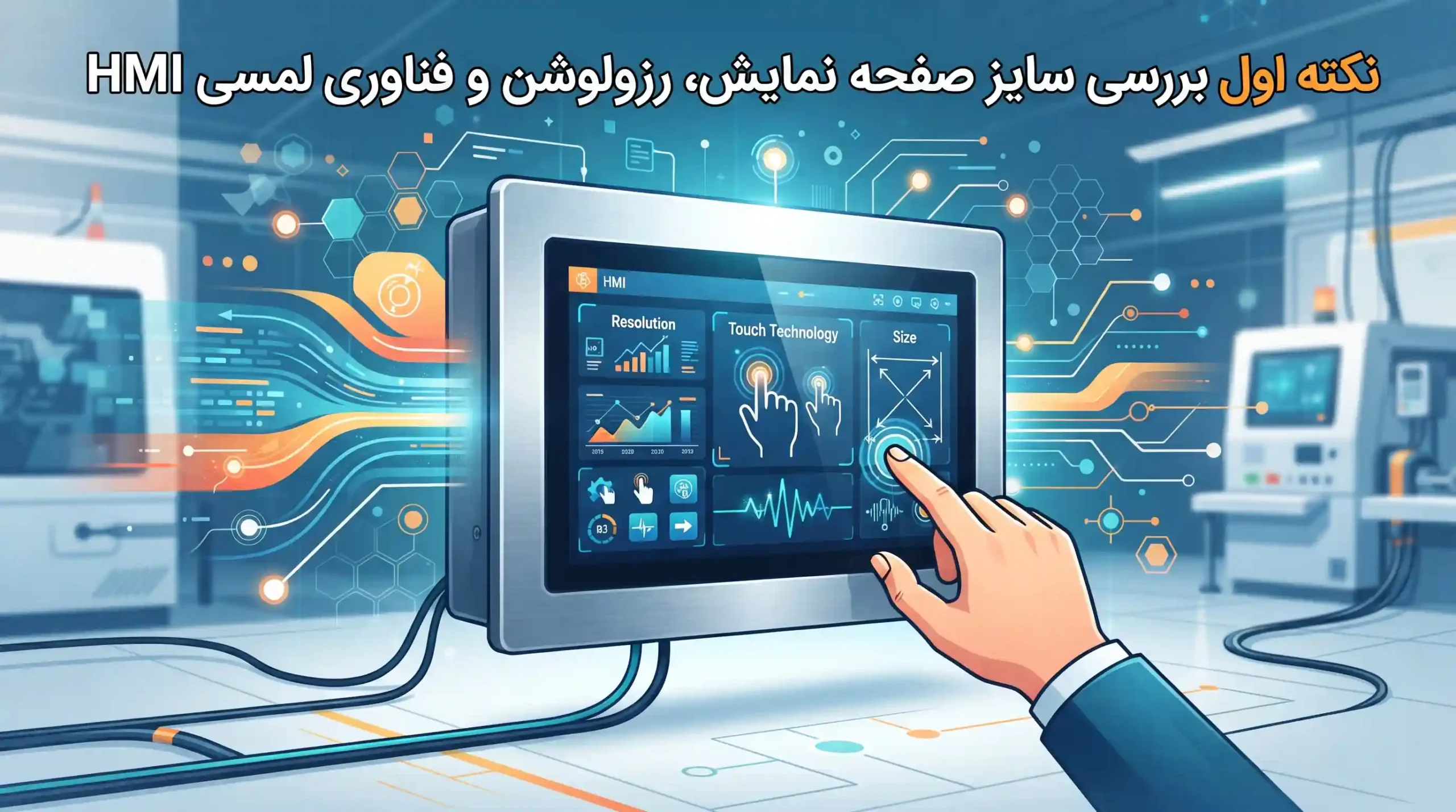 🔍 نکته اول بررسی سایز صفحه نمایش، رزولوشن و فناوری لمسی HMI