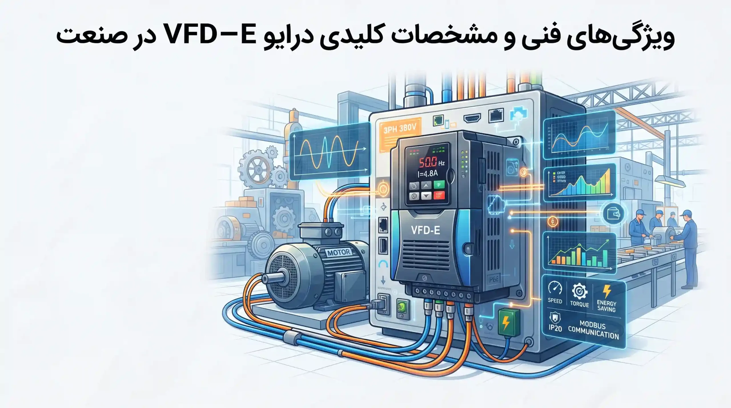 ⚙️ ویژگیهای فنی و مشخصات کلیدی درایو VFD-E در صنعت