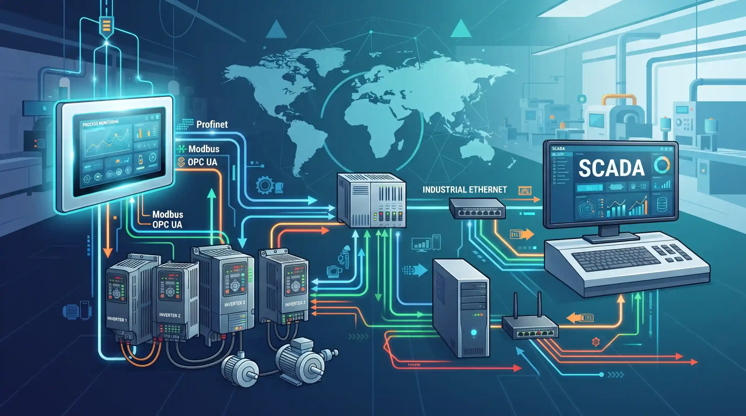🌐 پروتکلهای شبکه و یکپارچهسازی با HMI، اینورترها و سیستمهای SCADA