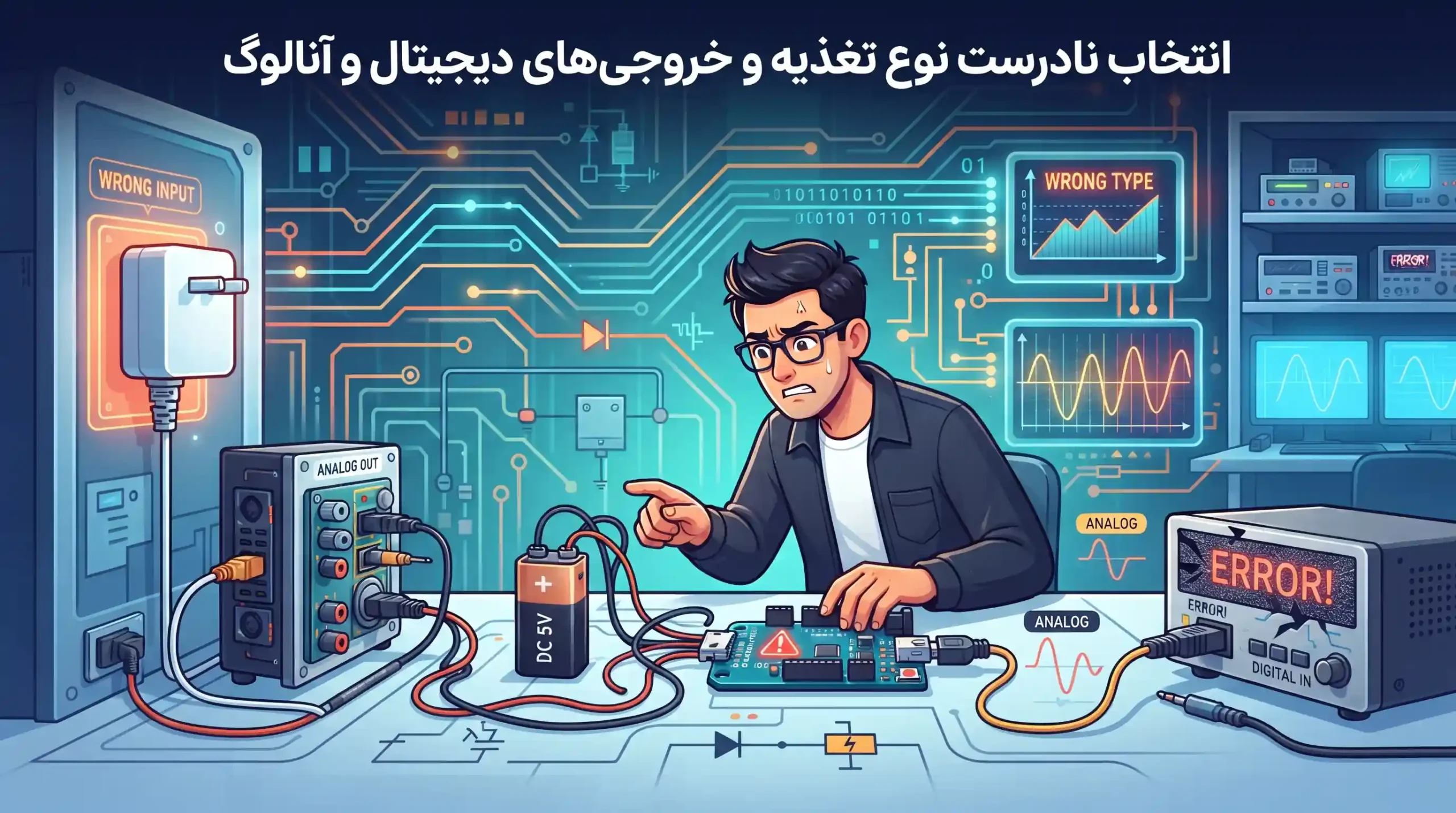 ⚡ انتخاب نادرست نوع تغذیه و خروجی‌های دیجیتال و آنالوگ