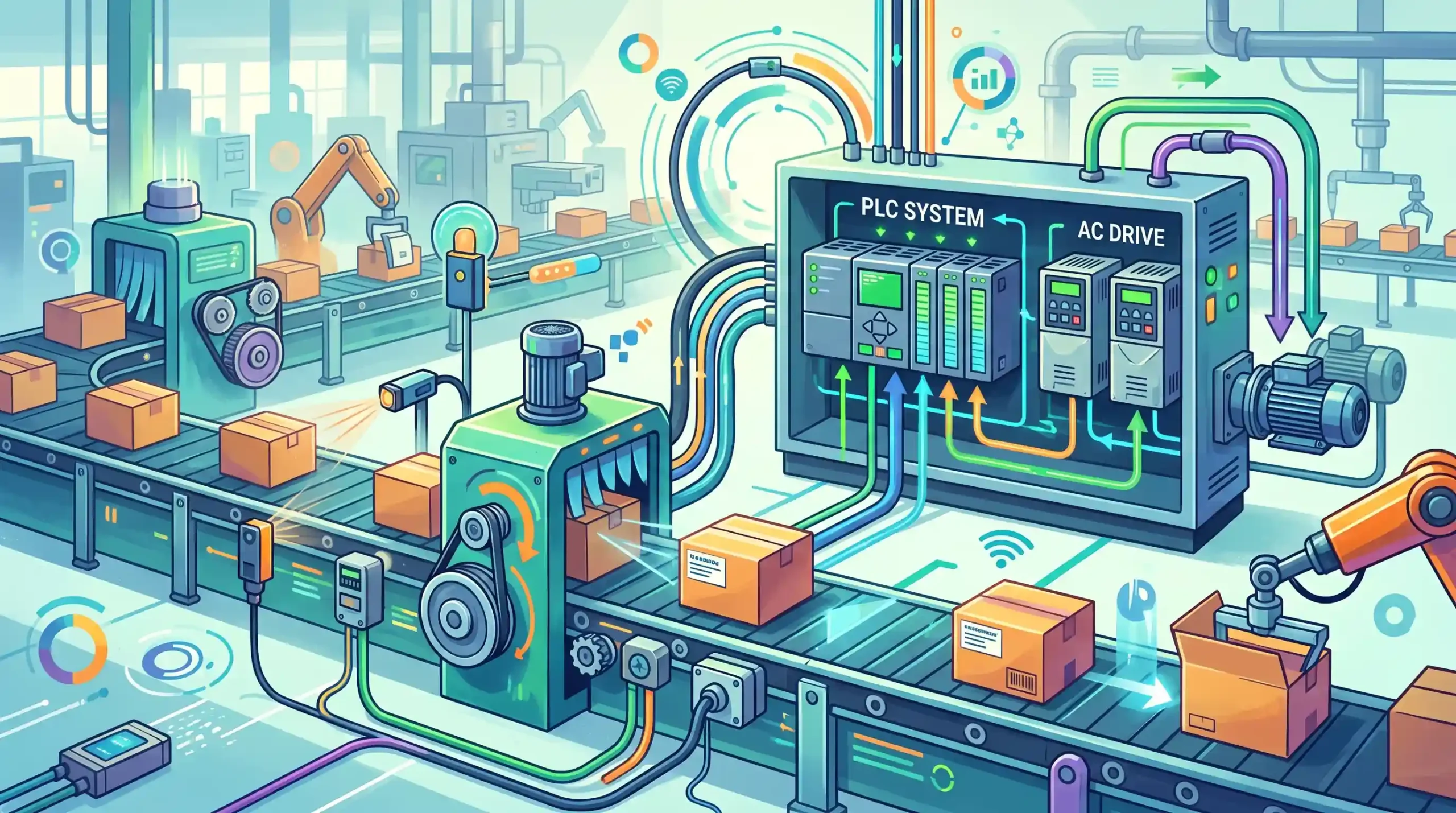 💡 ادغام سنسورها و انکودرها با سیستمهای PLC و درایو در خطوط بستهبندی