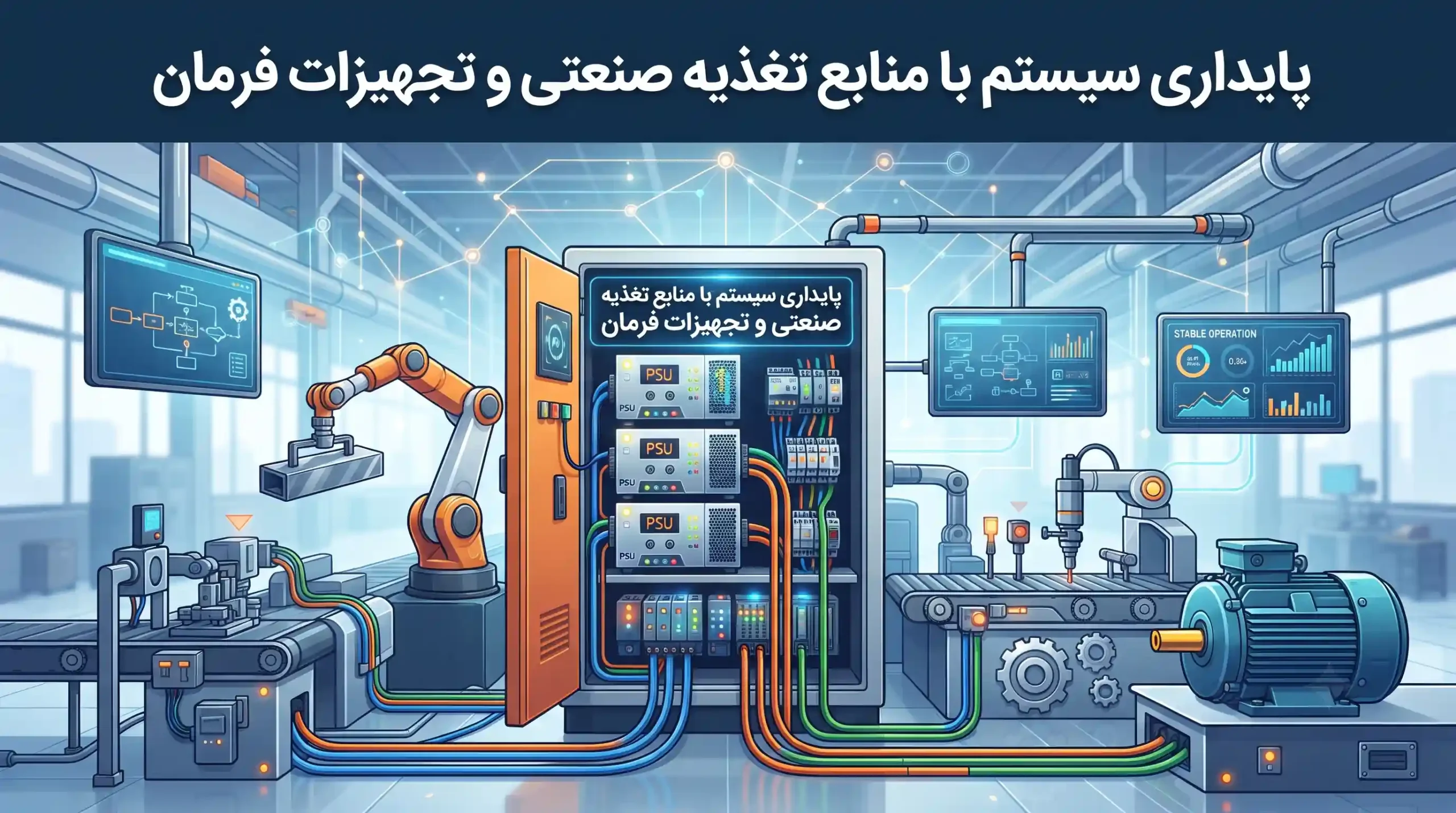 🔌 پایداری سیستم با منابع تغذیه صنعتی و تجهیزات فرمان