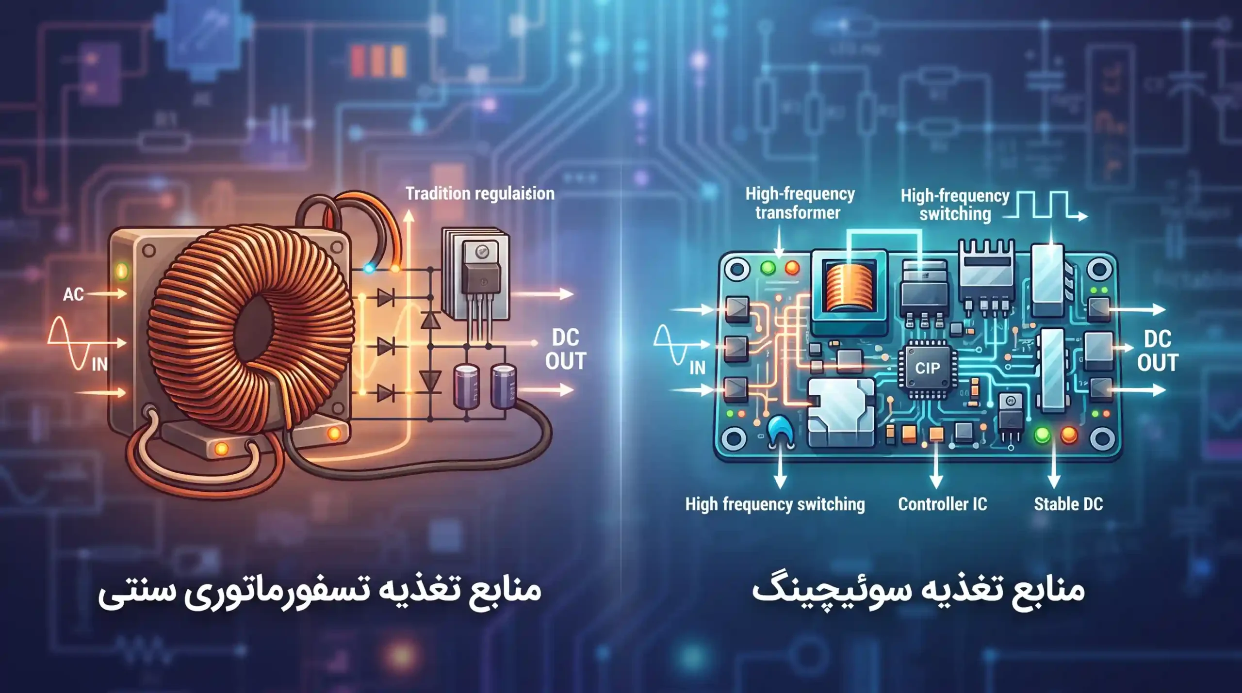 🔍 مقایسه منابع تغذیه سوئیچینگ و ترانسفورماتوری سنتی