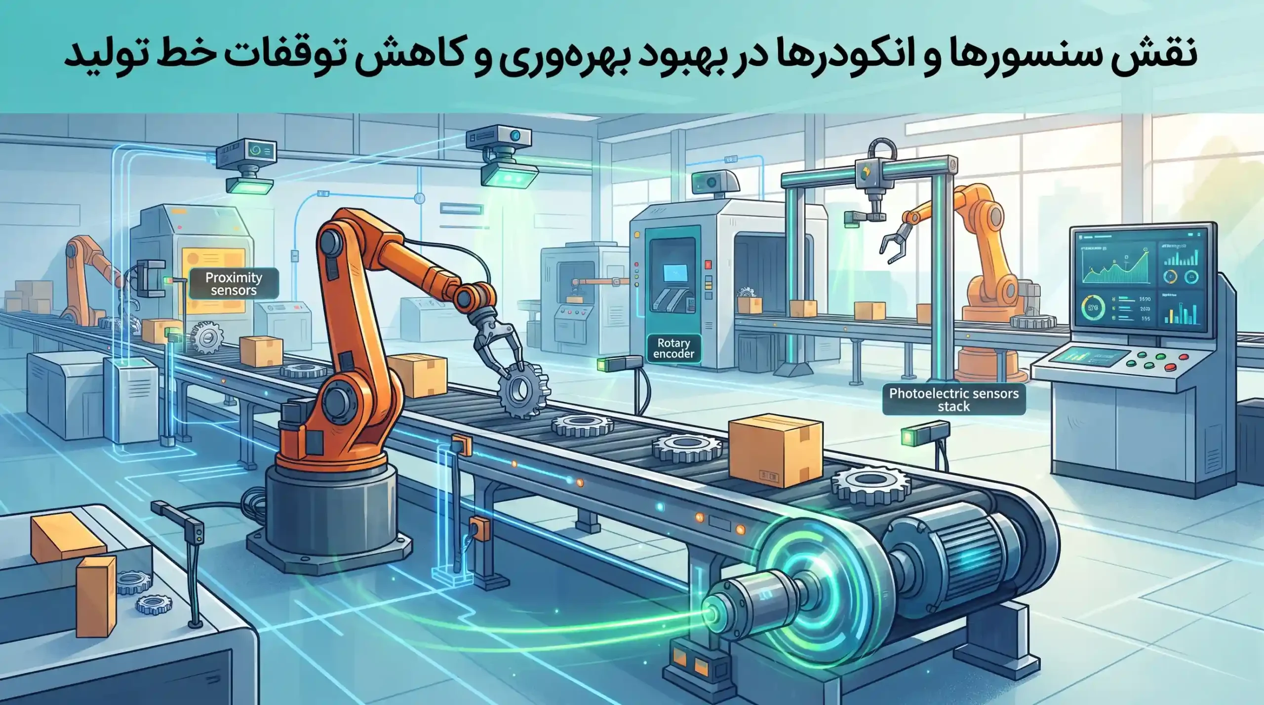 📈 نقش سنسورها و انکودرها در بهبود بهره‌وری و کاهش توقفات خط تولید